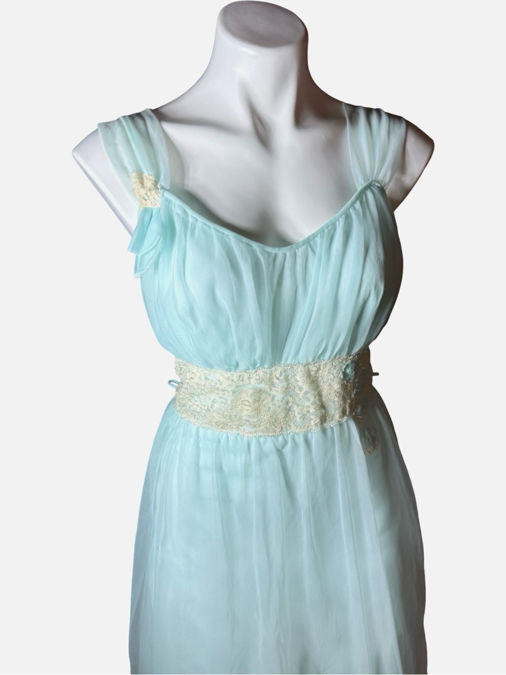 Miss Elaine Vintage Mint Blue Chiffon Lace Nightgown Medium 1960s Babydoll - Picture 9 of 12